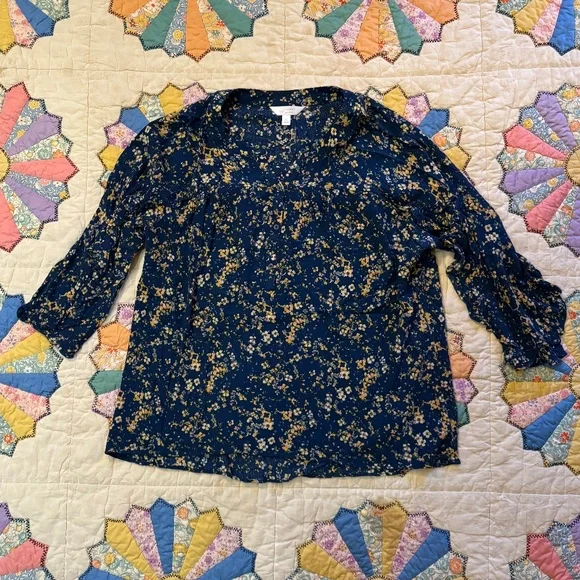 Lauren Conrad Blouse Teal & Yellow Gold Floral, Ruffles, 3/4 Sleeve, Feminine XL - Picture 2 of 16